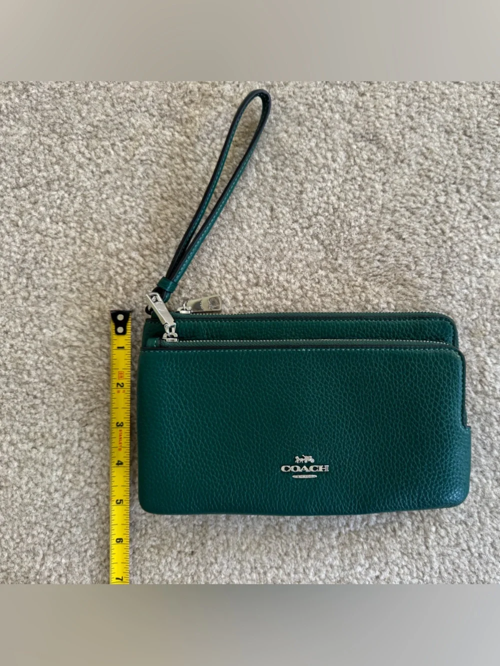 Coach Teal Green Pebbled Leather Double Zip Wristlet with silver hardware - Picture 2 of 7